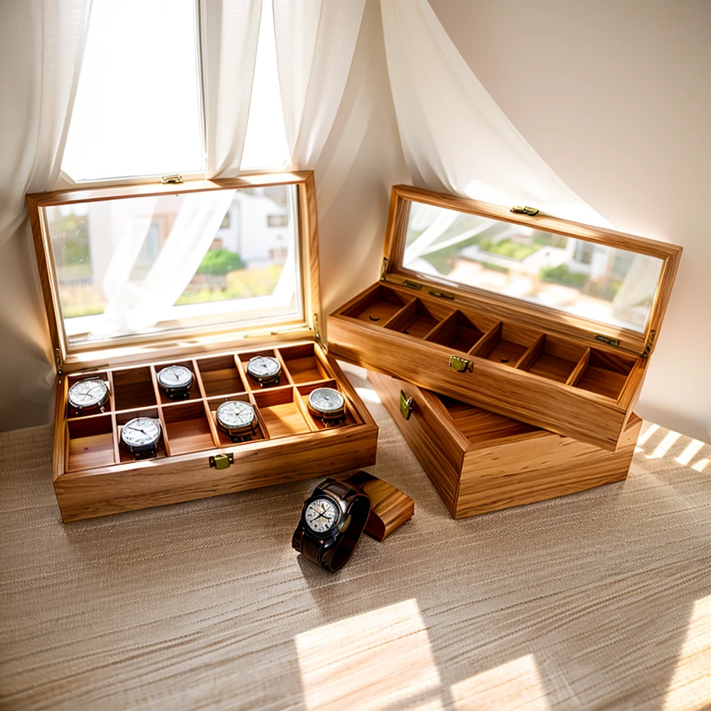 In this cozy room，A ray of sunlight shone through the half-drawn curtains on the table，Let the wood grain on the watch storage box shine with a faint luster。There was a calm and peaceful atmosphere in the air around them。There are several still lifes hanging on the walls of the room，It adds a touch of elegance to the space。And on the other side of the room，The half-open window lets in the breeze，The pages on the small desk by the window turned in the wind，This quiet scene gives a sense of tranquility and comfort。

