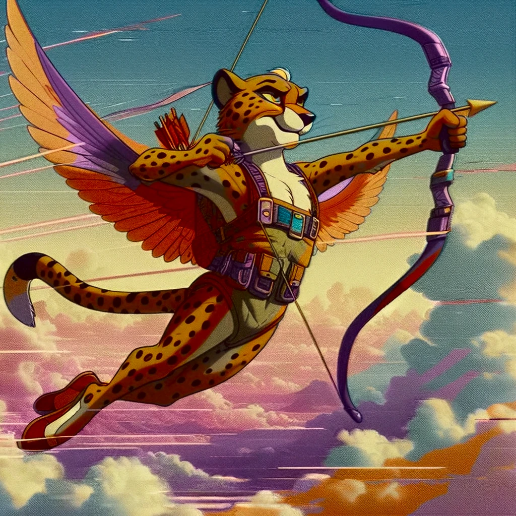 Cheetah wearing wingsuit (hunter, the cheetah from Spyro videogame) VHS, glitch, distorted, nostalgia, 90's retro vibes, analog tape, vcr aesthetics, tv, television, 1990's cartoon homage), comic 1990's, animated tv show screengrab, Cheetah dancing stanky boogie, soaring in the clouds, firing arrow from bow, cinematic poster, image within image, multiple exposure, massive scale, rich color grading for shading depth, hand drawn rotoscope cartoon realism, chiaroscuro lighting, mixed media, vintage comic, retro original design, 1990's comic, sense of movement energy, Hunter from the Spyro series is a tall anthropomorphic cheetah. He has a bright orange color with brown spots all over his coat. His underbelly and goatee are bright yellow, and his paws are a lighter orange. He has somewhat prominent brown eyebrows and bright blue eyes.
