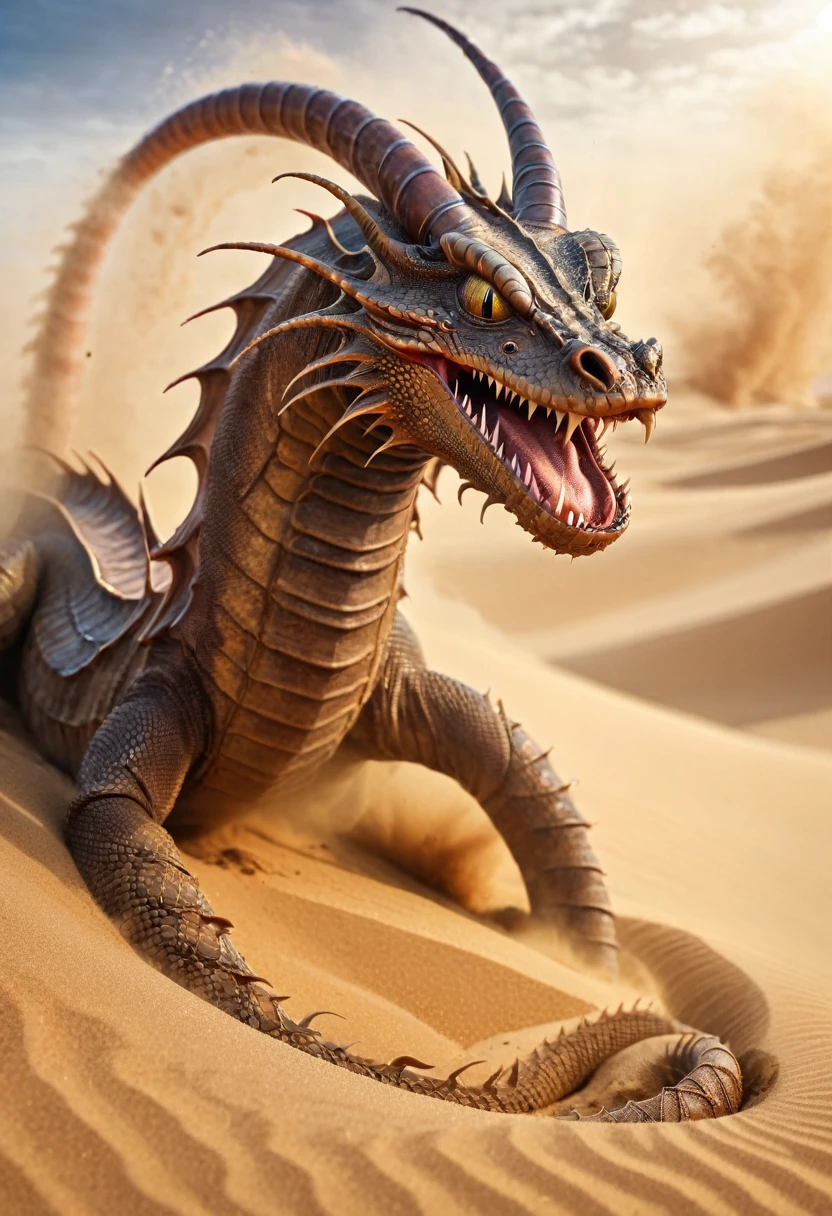 The evil dragon worm emerges from the sand, background Sandstorm, in the desert. perfect anatomy, masterpiece, best quality, 16k, beautiful detailed sandstorm, daydreaming expression.