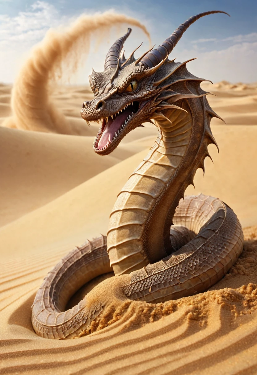 The evil dragon worm emerges from the sand, background Sandstorm, in the desert. perfect anatomy, masterpiece, best quality, 16k, beautiful detailed sandstorm, daydreaming expression.