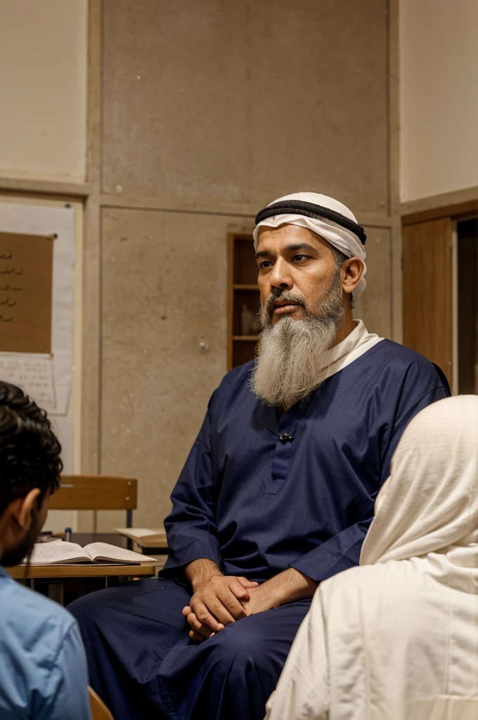 Sheikh Ali, a wise teacher with a white beard, is teaching in front of the class. The students are sitting attentively, including Ibrahim, who is sitting in the front row with an eager expression.