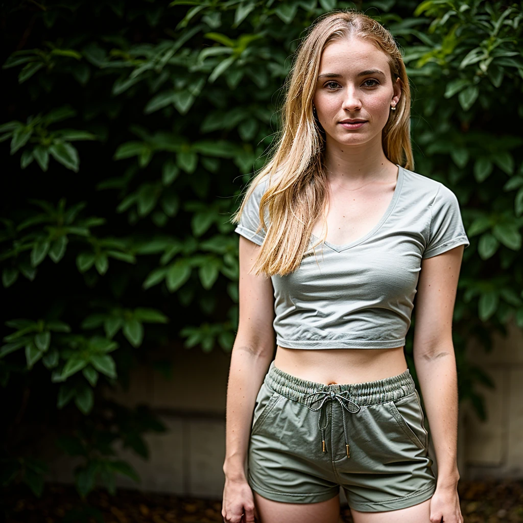 Sophie Turner in a grey shirt and a green sport shorts, high quality, photo realistic, blonde hair