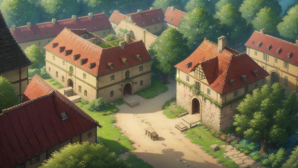 Cartoon scene, mega city, city wall, medieval castle wall, cartoon town city, medieval style, red roof, green trees, 2.5D, top view, orthographic camera