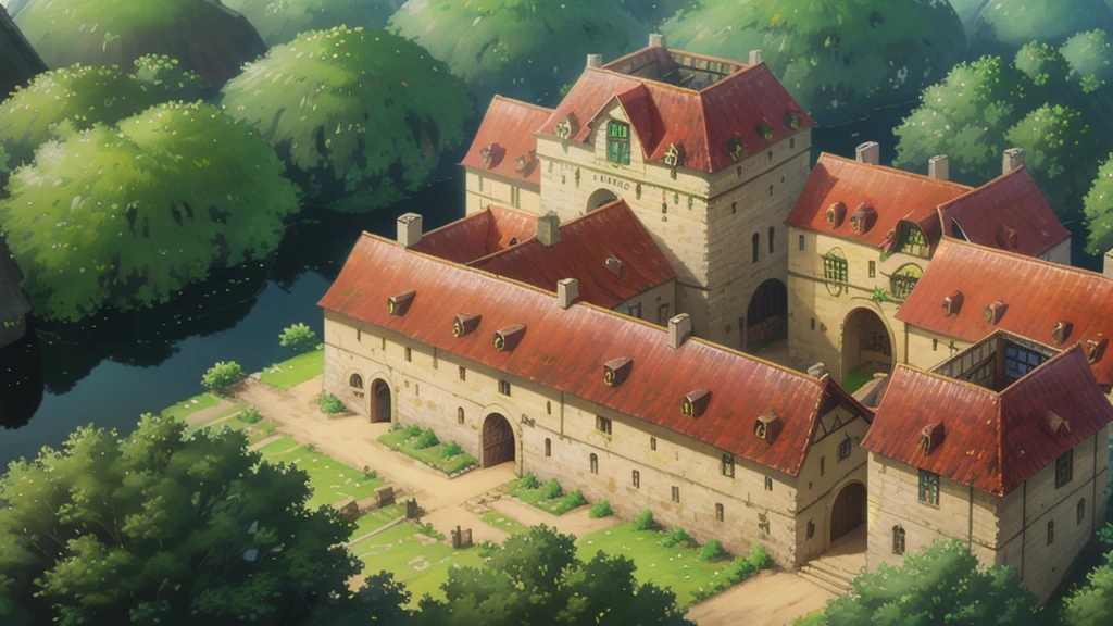 Cartoon scene, mega city, city wall, medieval castle wall, cartoon town city, medieval style, red roof, green trees, 2.5D, top view, orthographic camera