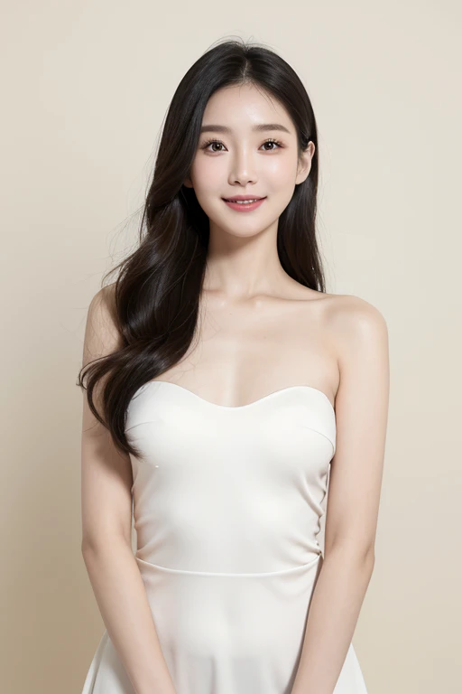 Chinese Hong Kong beauty，Fashion、hapiness、Generous、Hearty、Suitable、Love to laugh，Temperament，Sweet facial features，There is aura，Intellectuals，30 years old，Fair and delicate skin，hydrated and shiny，Wearing a white tube top dress，Facing the camera，Pure white background