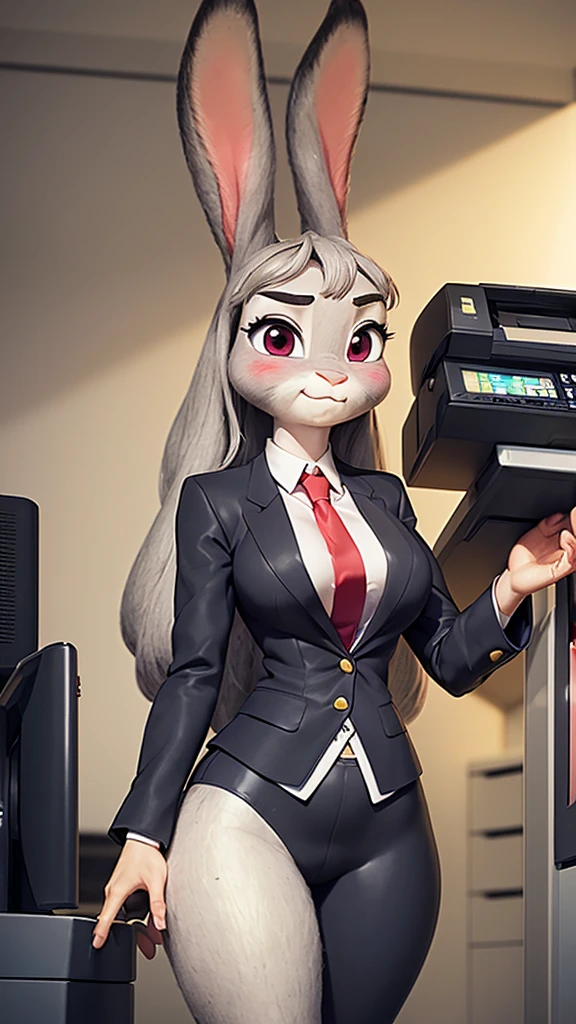 best quality, masterpiece, 3D anime, ((solo)), ((1girl)), ((Face is JudyHopps)), (long ears like a rabbit:0.8), Heir is beige bobheir style, Body is human lady, mini skirt suit, (two-piece suit:0.5), office business suit stlye, (the suit is made of wool:1.4), suit color is {gray stripe, red, yellow, green, white, black}, ((skin is silver with fluffy and fluffy)), back view, sideways glance, In the background there is a secret room, ((She is standing in front of the photocopier, a look of surprise, blushing in the cheeks))