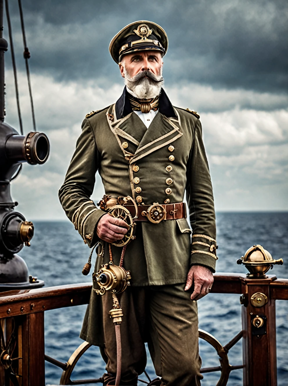 photo focus on male focus, outdoors,  realistic scenery, (captain nemo:1.1), standing on the deck,, using a sextant, loaded military uniform, steampunk nautilus-style. very wide shot, character photo portrait, film, professional, highly detailed, 
