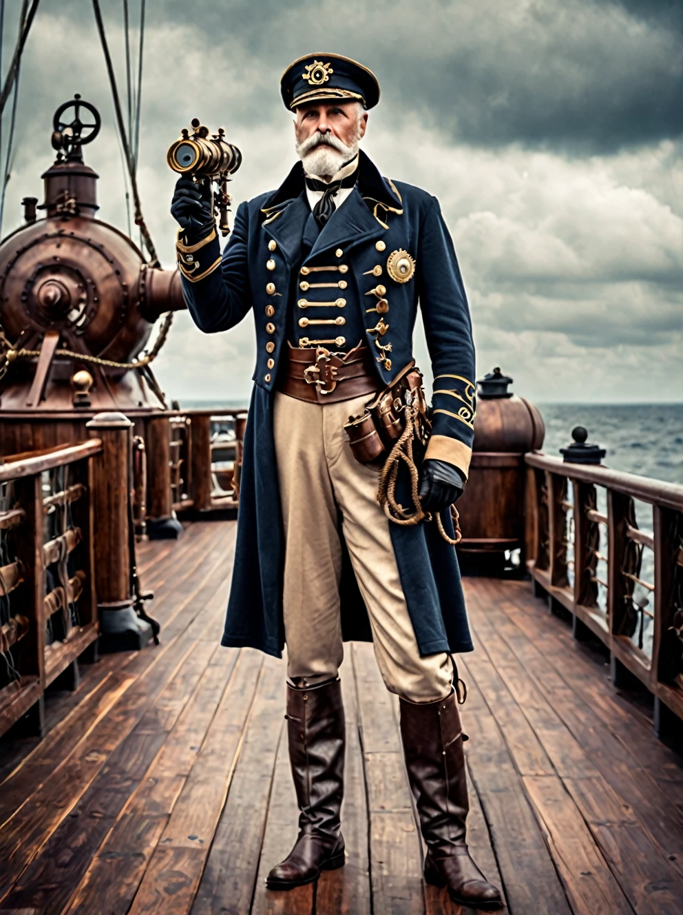 photo focus on male focus, outdoors, realistic scenery, (captain nemo:1.1), standing on the deck,, using a sextant, loaded military uniform, steampunk nautilus-style. very wide shot, character photo portrait, film, professional, highly detailed,