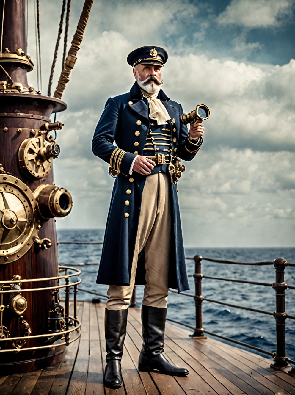 photo focus on male focus, outdoors,  realistic scenery, (captain nemo:1.1), standing on the deck,, using a sextant, loaded military uniform, steampunk nautilus-style. very wide shot, character photo portrait, film, professional, highly detailed, 