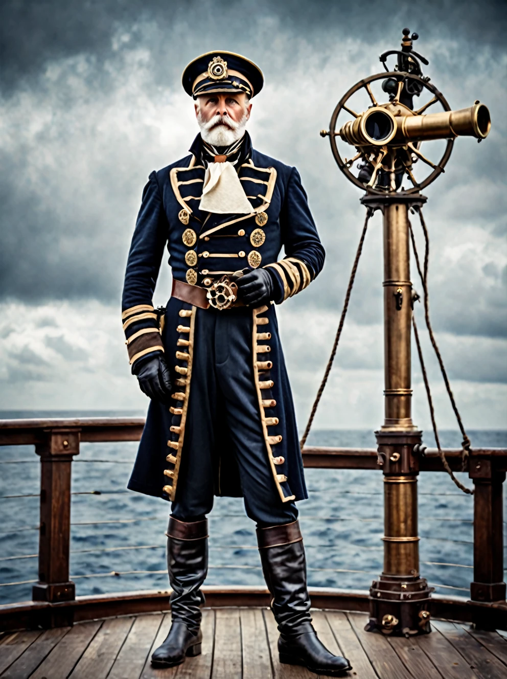photo focus on male focus, outdoors, realistic scenery, (captain nemo:1.1), standing on the deck,, using a sextant, loaded military uniform, steampunk nautilus-style. very wide shot, character photo portrait, film, professional, highly detailed,