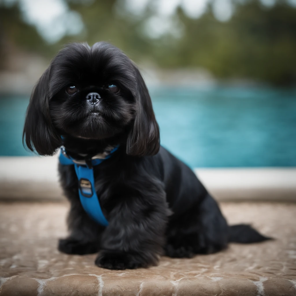 Adorable small black Shih Tzu wearing blue sunglasses in a blue BMW