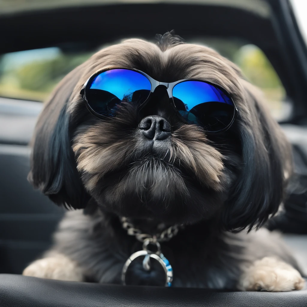 Adorable small black Shih Tzu wearing blue sunglasses in a blue BMW