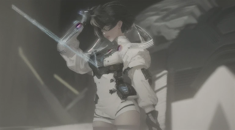 ((The best quality)), ((Masterpiece)), (Very detailed:1.3), ..............3D, beautiful (Cyberpunk:1.3) hacker woman, short hairstyle,short hair, Return to viewer, Thick hair, Operating computer terminal, head mounted display, computer server, LCD screen, fiber optic cable, Company logo, HDR (High Dymanic Range), ray tracing, NVIDIA RTX, super resolution, Unreal 5, Subsoil Scatter, PBR texture, Post-processing, Anisotropic filtering, depth of field, maximum sharpness and sharpness, Multilayer textures, Albedo y Highlight Maps, Surface shading, Accurate simulation of light-material interactions, perfect proportions, octane rendering, duotone lighting, Low ISO, white balance, rule of thirds, wide opening, 8K RAW, efficient sub-pixels, sub-pixel convolution, glow particles, dynamic pose