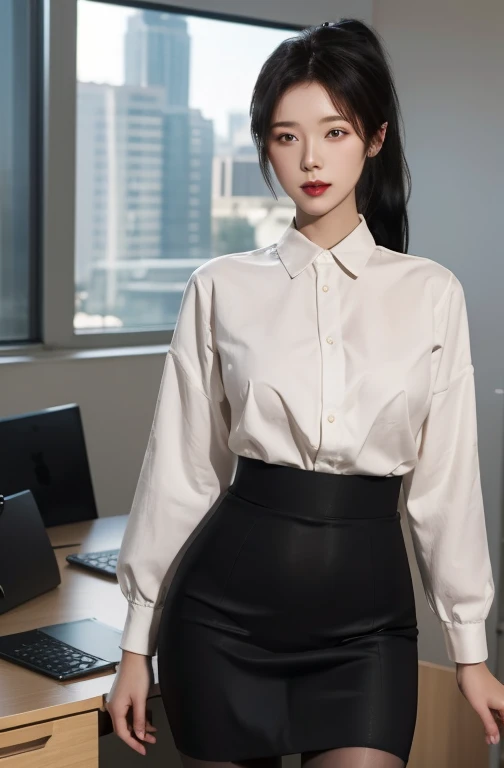 masterpiece, best quality, Official Art, Extremely detailed CG unified 8k wallpaper, (()), cap, in office, Long hair, Single ponytail, What's the big deal, Mature woman, black, Pantyhose,(Pencil Skirt), Eero 404, ((Long legs)),(巨What's the big deal)