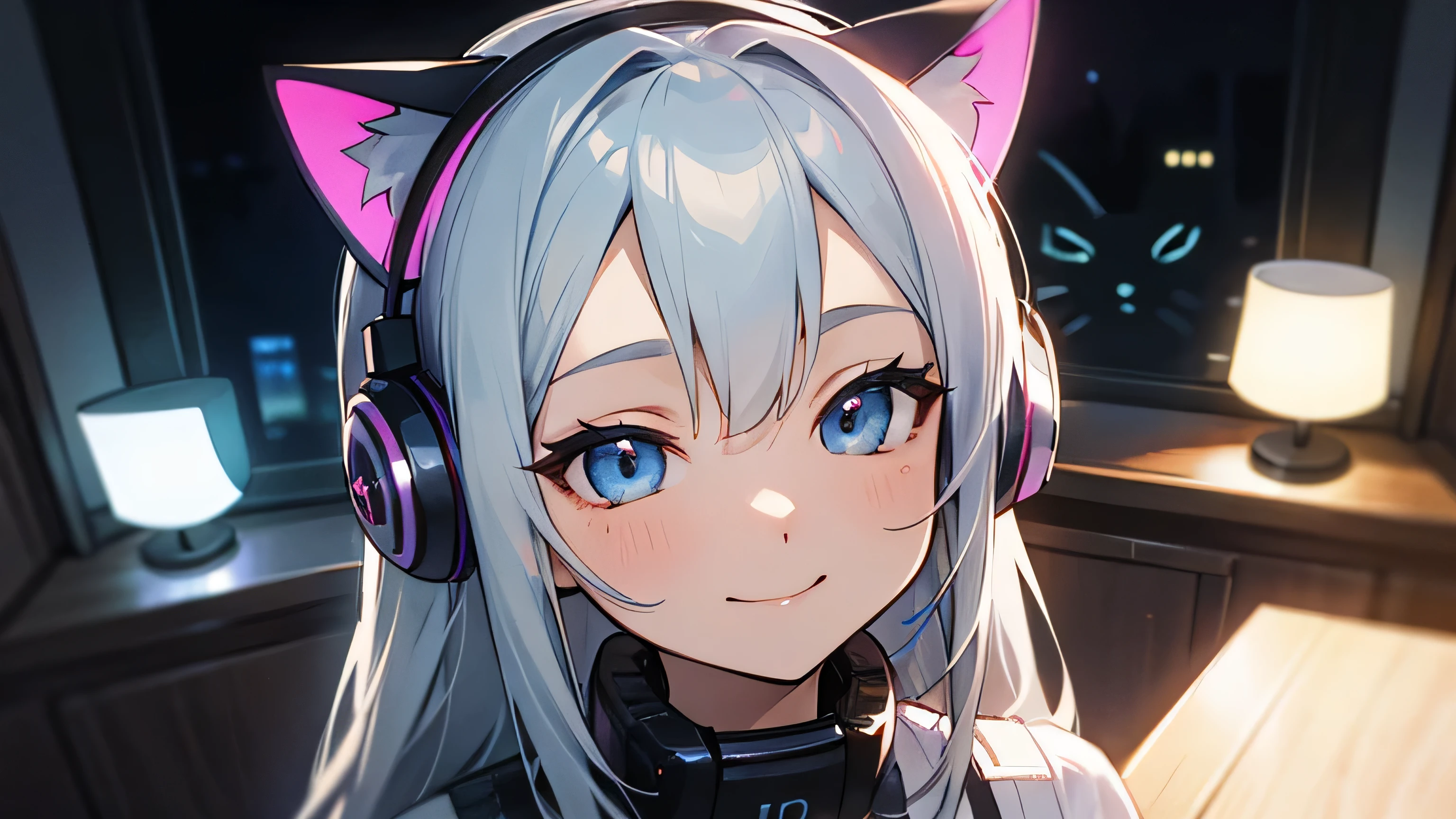 Room with speakers、Cat with headphones、Face close-up、night、Silver Hair、smile、Sitting in a chair
