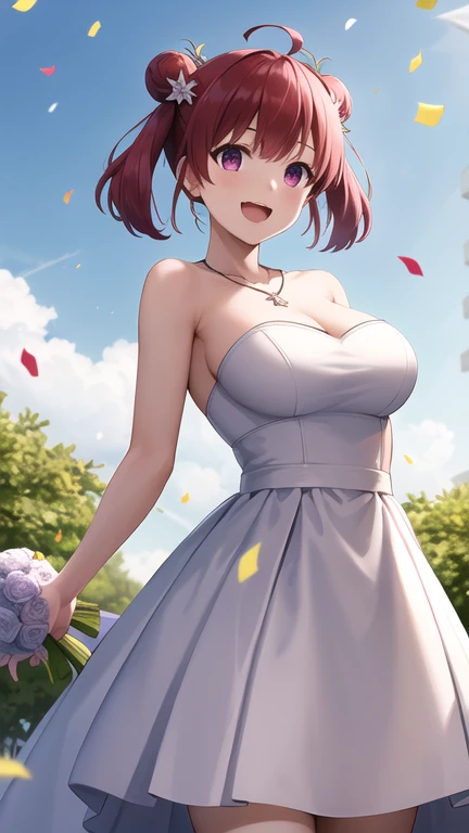 masterpiece, best quality, highres, 1girl, solo, short hair, red hair, short twintails, double bun, ahoge, hair ornament, purple eyes, large breasts, wedding dress, white dress, strapless, necklace, garden, standing, cowboy shot, holding bouquet, smile, open mouth, confetti,