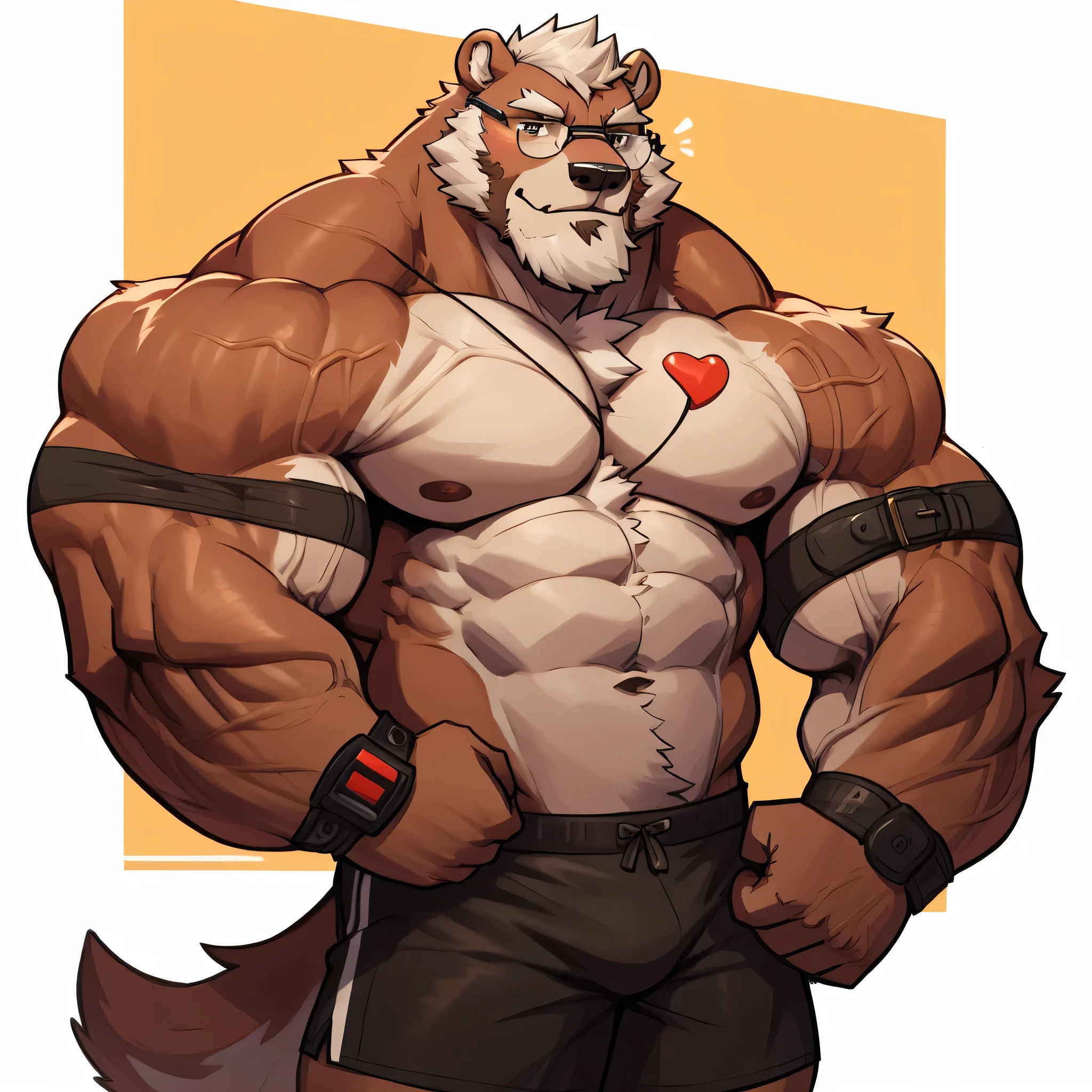 solo, 1boy, Huge Muscular Old Grizzly Bear wearing glasses , pectoral, huge pectoral, wide pectoral, short white hair, short pants, black wristbands, armband heart rate monotrt and shirtless, bearded, Mustache, simple background, masterpiece, high detailed, 8k, high resolution, at the gym, flexes his huge bulging muscles, veins popping