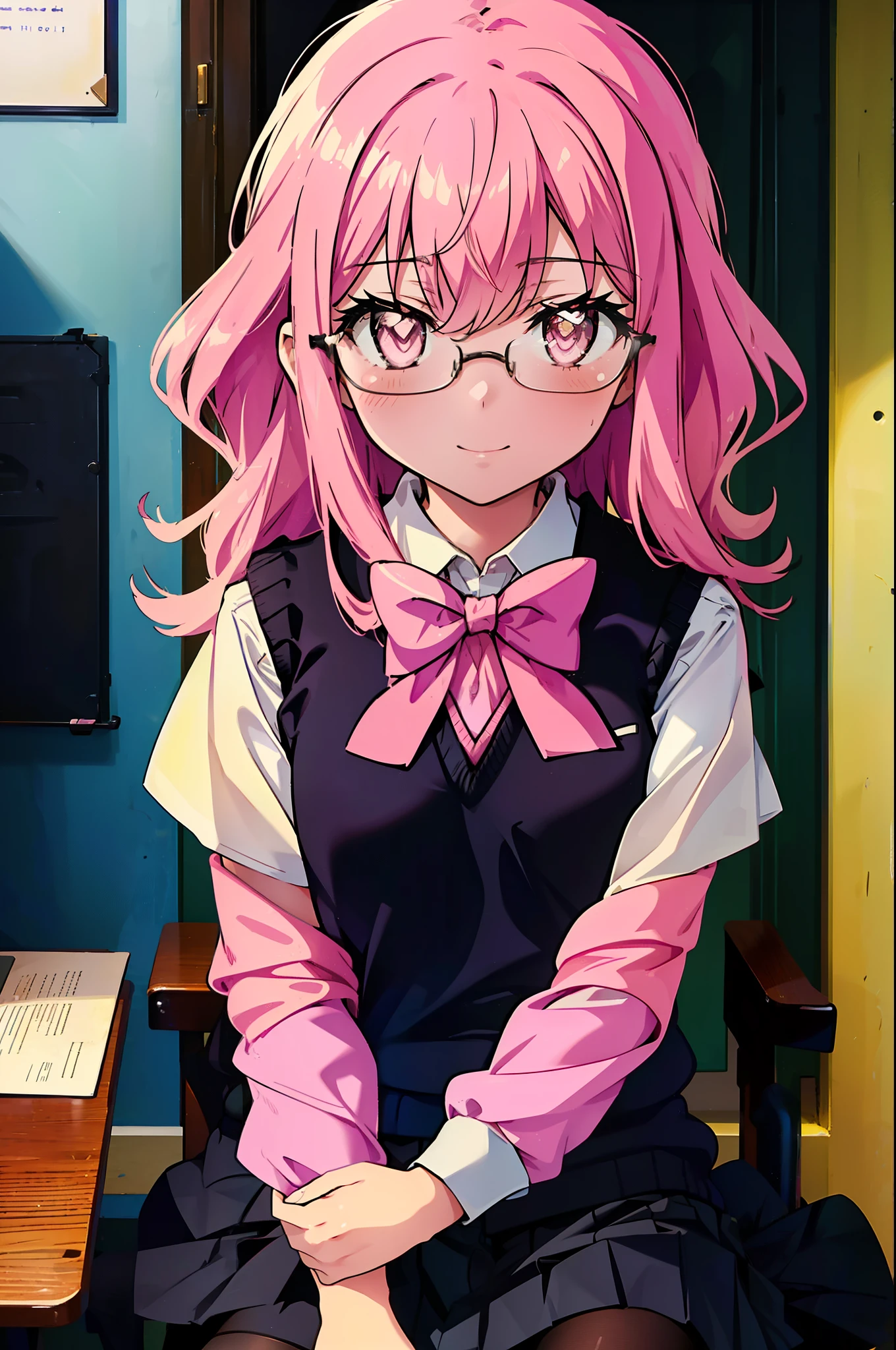 {{masterpiece}},{{Highest quality}},{{High resolution}},{{Caustics}},{{Familiar}},blush,
smile,Louise Françoise Le Brun de La Valliere,Akabuchi Glasses Pink Hair,Pink Eyes, 黒break skirt, shirt, bow, ribbon, , white shirt, Short sleeve, Pleated skirt, collared shirt, mini skirt, bowtie, 黒いloafers , Black Skirt, Black pantyhose, loafers, green bow, (pink sweater vest:1.5),,classroom,Sit on a chair,whole body,(Cowboy Shot:1. 5),break (masterpiece:1.2), Highest quality, High resolution, unity 8k wallpaper, (shape:0.8), (Fine and beautiful eyes:1.6), Highly detailed face, Perfect lighting, Highly detailed CG, (Perfect hands, Perfect Anatomy),
