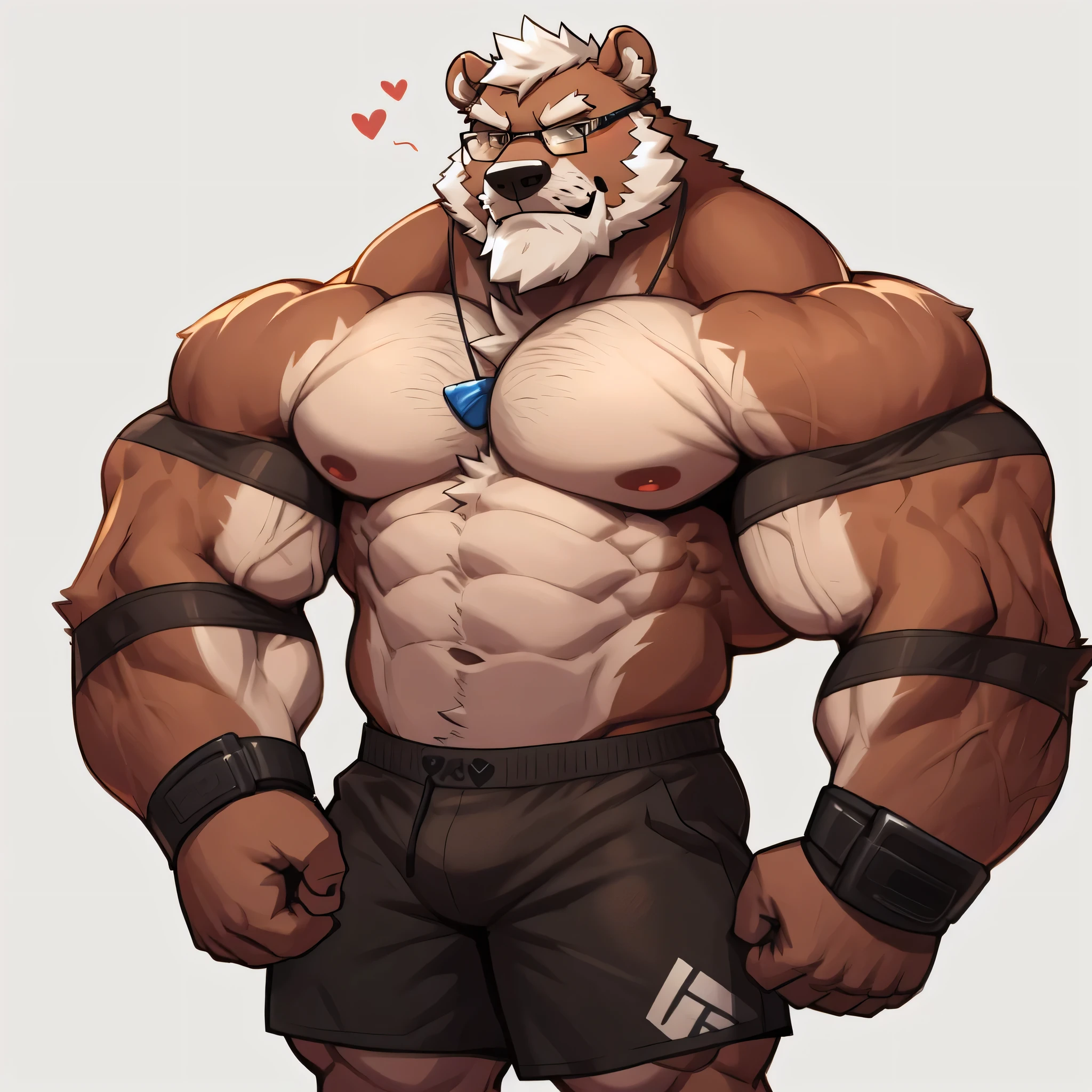solo, 1boy, Huge Muscular Old Grizzly Bear wearing glasses , pectoral, huge pectoral, wide pectoral, short white hair, short pants, black wristbands, armband heart rate monotrt and , bearded, Mustache, simple background, masterpiece, high detailed, 8k, high resolution, at the gym, flexes his huge bulging muscles, veins popping