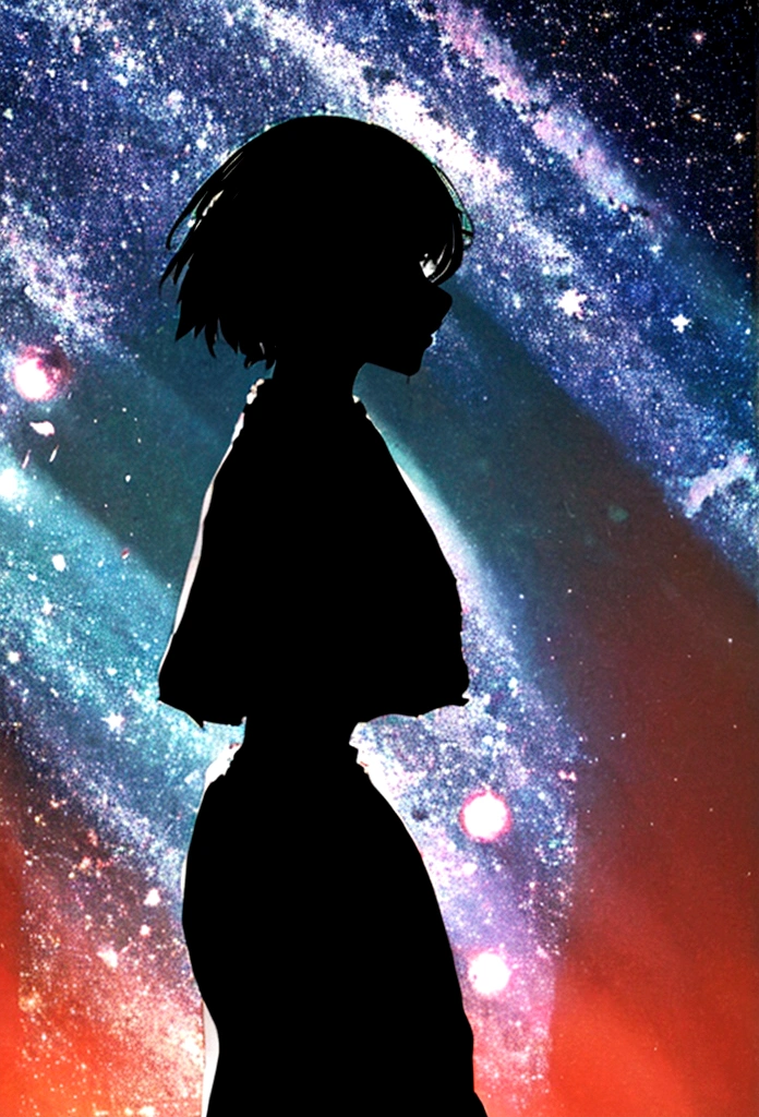 Sky, it's night, the night is full of stars, there are planets in the sky, bright colors, Incredible details, , short hair, galaxy hair, green eyes, silhouette, tanned, black sweater,