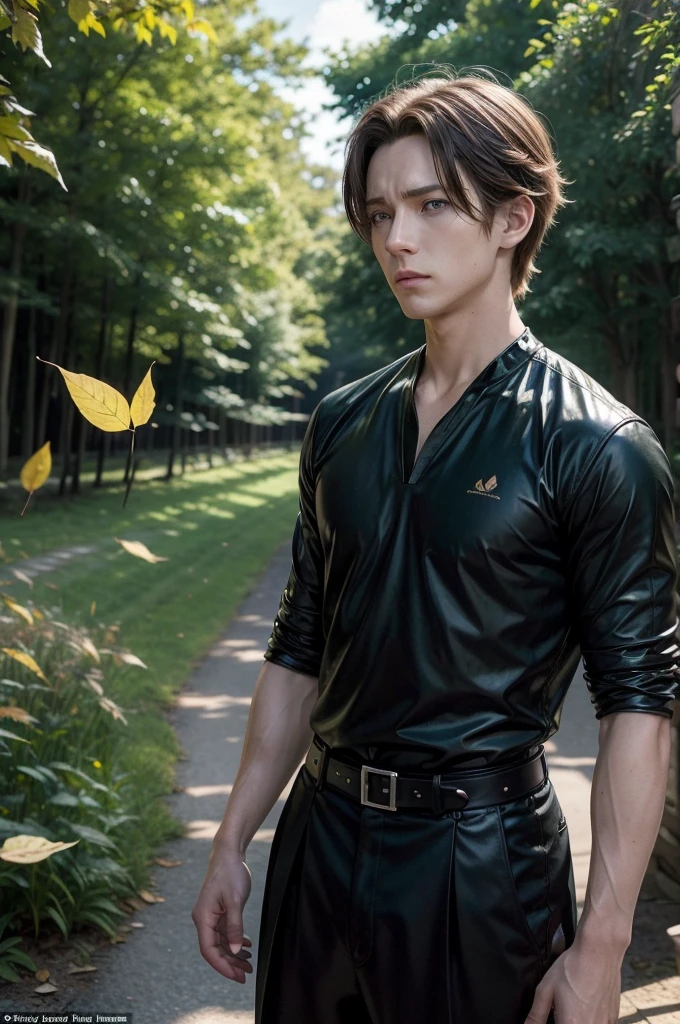 An image,styled:アニメ,local:a landscape with several flying leaves attracts the character,character structure:Scrawny,The character will be based on Reinhard de Re:NULL,he's serene,The character is a man 