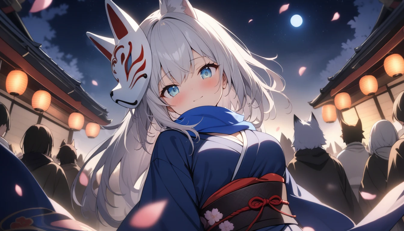 (masterpiece, best quality:1.2), 1girl, 独奏,Wolf girl, fox mask, ninja, girl, long white hair, odd eyes, blue kimono, ninja girl, red and blue scarf,Dancing Cherry Blossoms,Full moon backlighting, light coming in, fantastic atmosphere.night、Shadows of light and darkness、Eyes glowing in the dark、Black fox mask、Fisheye Lens、Expansive starry sky