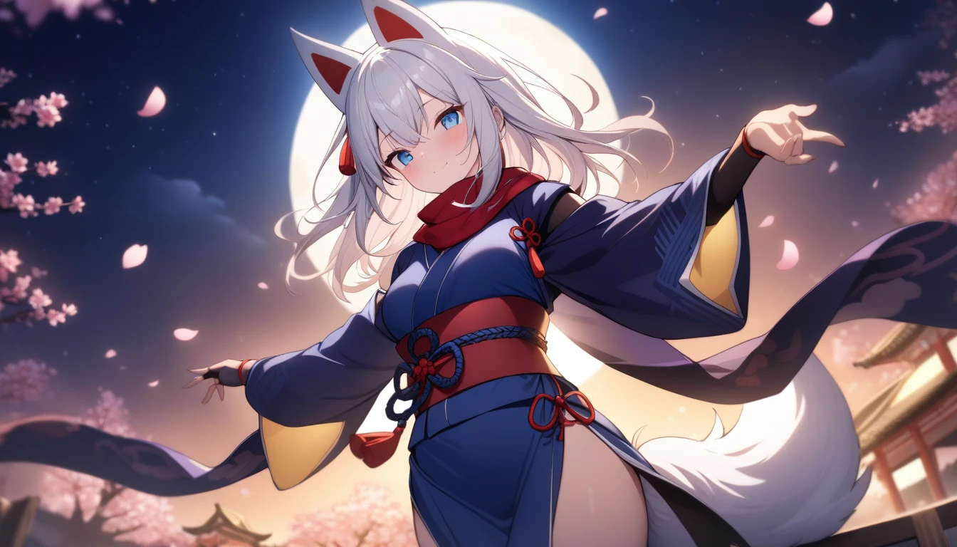 (masterpiece, best quality:1.2), 1girl, 独奏,Wolf girl, fox mask, ninja, girl, long white hair, odd eyes, blue kimono, ninja girl, red and blue scarf,Dancing Cherry Blossoms,Full moon backlighting, light coming in, fantastic atmosphere.night、Shadows of light and darkness、Eyes glowing in the dark、Black fox mask、Fisheye Lens、Expansive starry sky