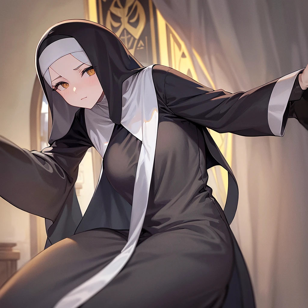  The Nun, black Nun clothes, huge waists, solo, yellow skin tone