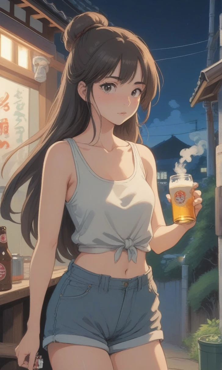 Ghibli-style painting、Summer Nights in Japan、A woman opens a can of beer while smoking a cigarette、Women finish work、Tank top and shorts、Her long hair is tied up roughly、