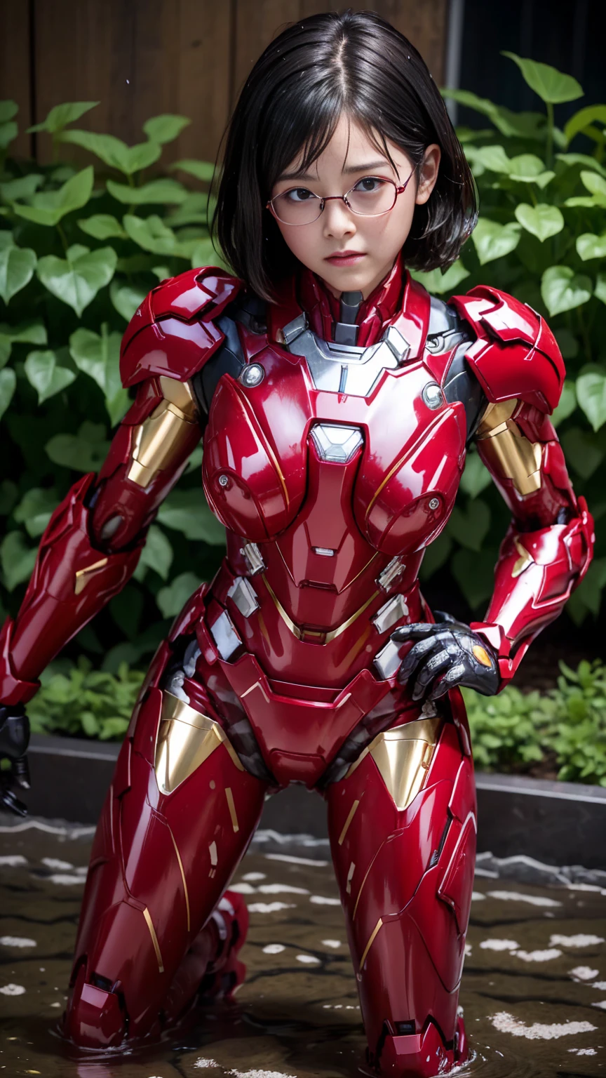 Highest quality　8k All-red Iron Man suit girl　Glasses　cute　Elementary school girl　Sweaty face　Hot and tired look　short hair　boyish　Steam coming out of my head　My hair is wet with sweat　The feel of black hair　Full body portrait　My upper body is soaked　 　I can see the vagina　Lying in bed　Face soaked　Spread your legs　garden　summer　bright