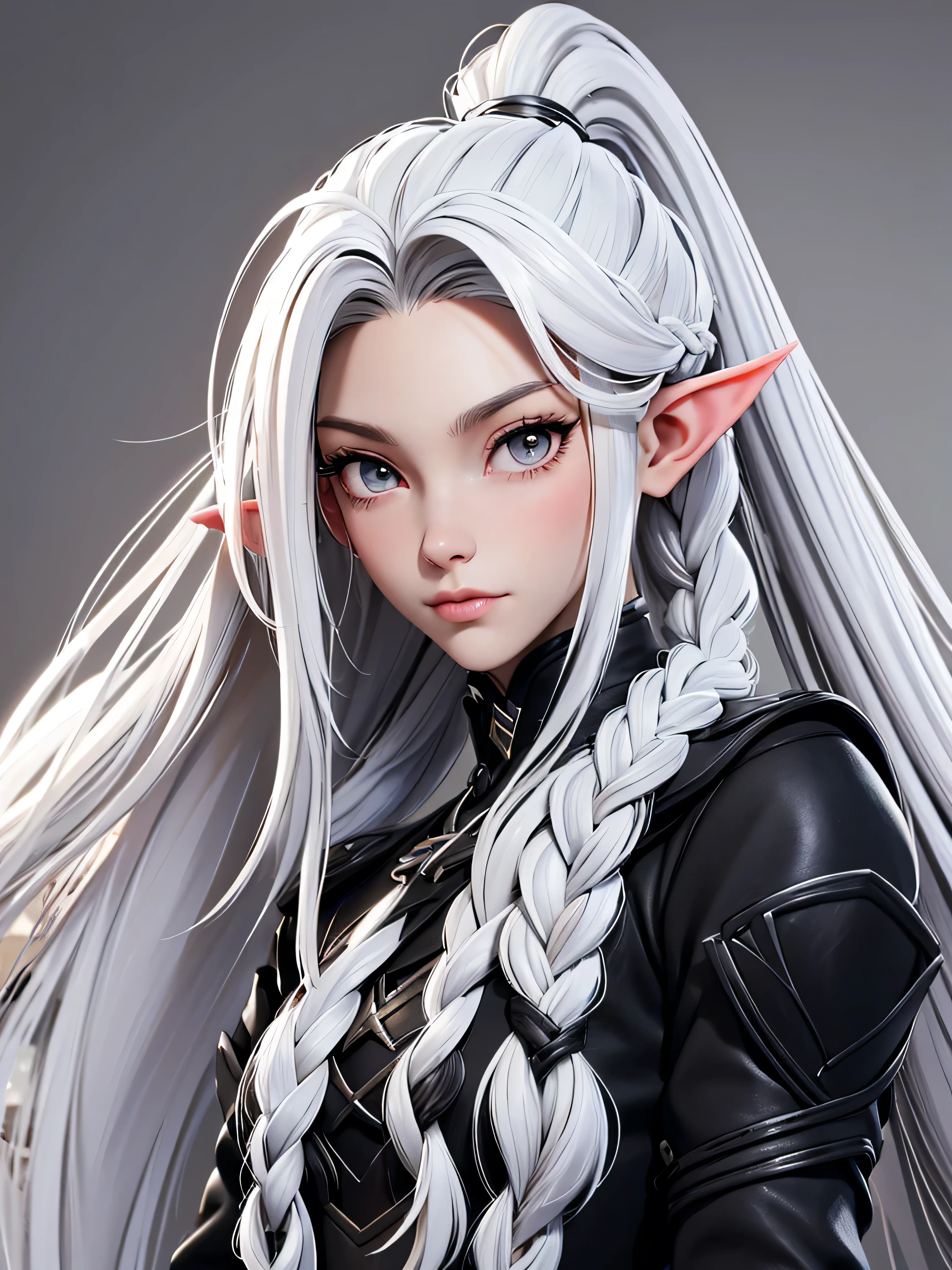 Millicent is a 21 year old young woman.., Tall and fit physique. He has light skin and gray eyes with small pupils... Long wavy white hair braided in a high ponytail with many small braids.. It has long and pointed ears. Described as an incredibly beautiful girl.. Prefers to wear black clothes., gray and white colors