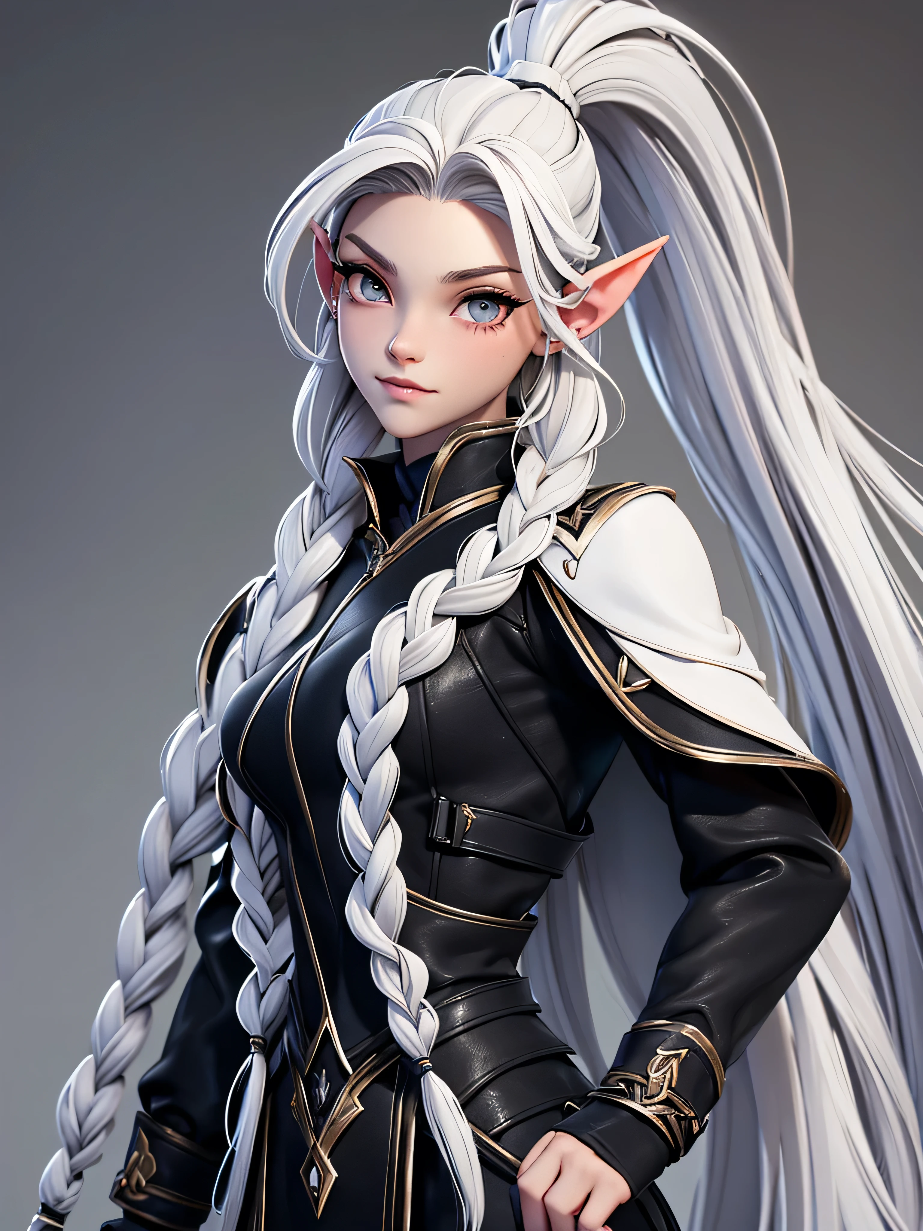 Millicent is a 21 year old young woman.., Tall and fit physique. He has light skin and gray eyes with small pupils... Long wavy white hair braided in a high ponytail with many small braids.. It has long and pointed ears. Described as an incredibly beautiful girl.. Prefers to wear black clothes., gray and white colors