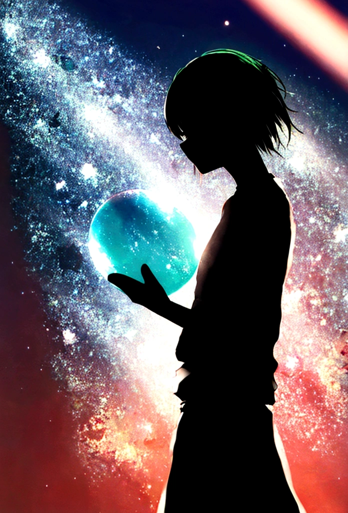 Sky, it's night, the night is full of stars, there are planets in the sky, bright colors, Incredible details, , short hair, galaxy hair, green eyes, silhouette, tanned, black sweater,