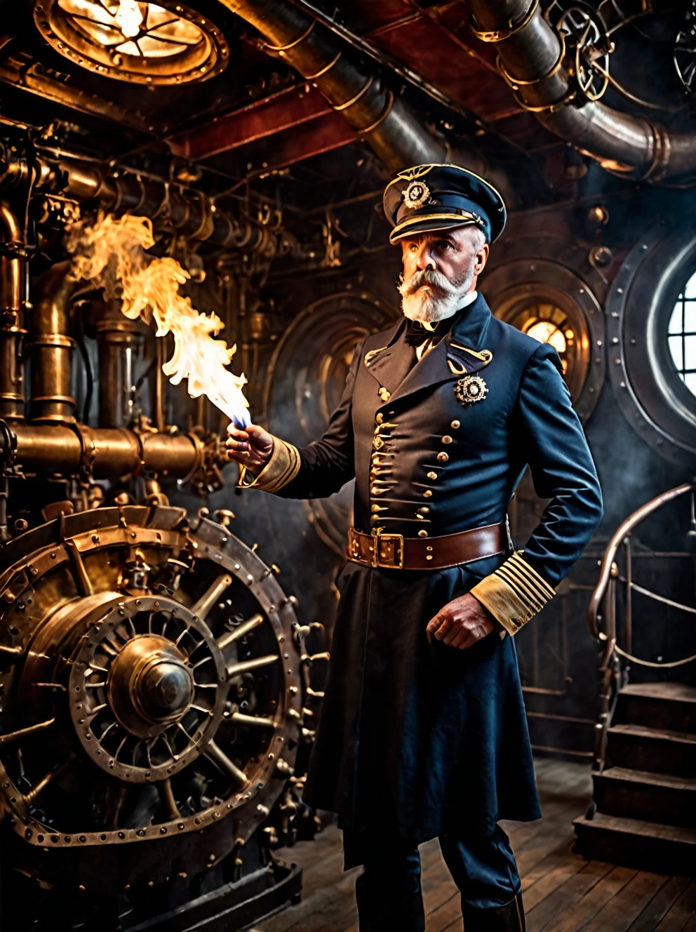 photo focus on male focus, indoors, realistic scenery, (captain nemo:1.1),  put out a fire in the engine room,   loaded military uniform, steampunk nautilus-style. very wide shot, character photo portrait, film, professional, 