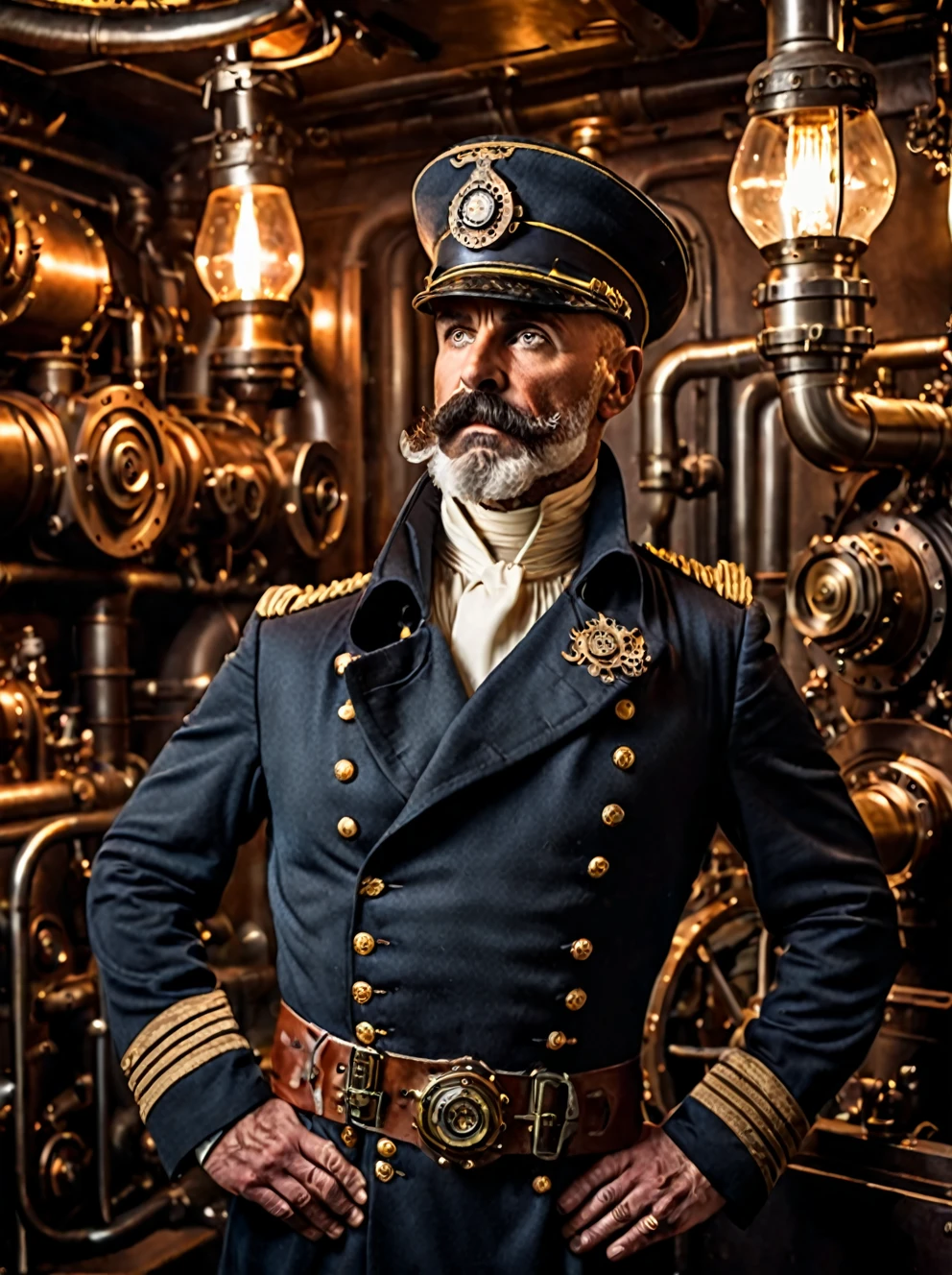 photo focus on male focus, indoors, realistic scenery, (captain nemo:1.1), put out a fire in the engine room, loaded military uniform, steampunk nautilus-style. very wide shot, character photo portrait, film, professional,