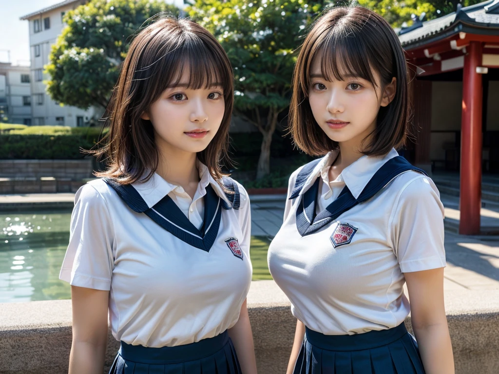 (RAW photo, 4k, masterpiece, high resolution, extremely complex) (realistic: 1.4), cinematic lighting
 ((2 girls, 2 schoolgirls)),Slam Dunk's,blushing,((innocent)),bright eyes,round eyes,blunt bangs,(short bob hair:1.3),black hair,large breasts,wide hips,Summer Noon, ,Hot, (Best Quality), (Highres), (an Extremely Delicate and Beautiful),(Beautiful 8k face),(Brown eyes),( spectators),(gigantic breasts),(Play with each other,Touching each other's bodies,Touching the body),(Japanese high school uniform:1.3),blue skirt,(reality),bright lighting,(The background is a luxury hotel room)