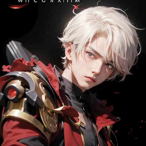 An anime boy with withe hair and red eye in a black suit