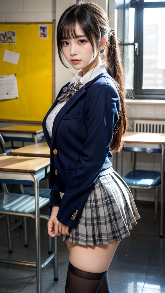 masterpiece, best quality, illustration, Super detailed, fine details, High resolution, 8K,wall paper, perfect dynamic composition,(Details High quality, realistic depiction of eyes:1.3), from side, High School Classroom、High school girl uniform、blazer 、Super Short Check Uniform Skirt、Navy blue high socks、garterbelts、plump breasts, Disturbed uniform, (updo:1.2), black hair color, large breasts, Big Natural Color Lip, bold sexy pose, (perfect body shape), crying a little、20 year old girl、cute type, beautiful legs, hposing Gravure Idol, Voluptuous thighs