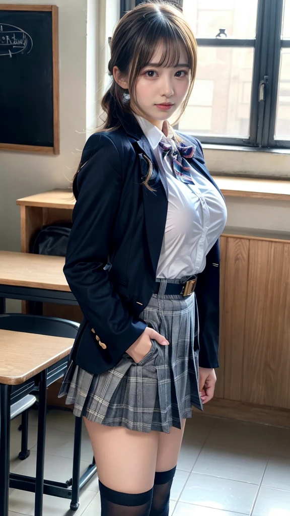masterpiece, best quality, illustration, Super detailed, fine details, High resolution, 8K,wall paper, perfect dynamic composition,(Details High quality, realistic depiction of eyes:1.3), from side, High School Classroom、High school girl uniform、blazer 、Super Short Check Uniform Skirt、Navy blue high socks、garterbelts、plump breasts, Disturbed uniform, (updo:1.2), black hair color, large breasts, Big Natural Color Lip, bold sexy pose, (perfect body shape), crying a little、20 year old girl、cute type, beautiful legs, hposing Gravure Idol, Voluptuous thighs