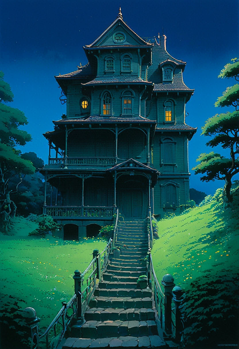 Animated scene of a haunted house with stairs, Studio Ghibli's smooth concept art, studio ghibli environment, Studio Ghibli concept art, Studio Ghibli style, The atmosphere of Ghibli&#39;s Spirited Away, howling\Moving Night Castle, Studio Ghibli movie stills, studio ghibli artstyle, Anime Background Art, ghibli studio art, Greg Rutkowski Studio Ghibli, Ghibli Studio Anime Style