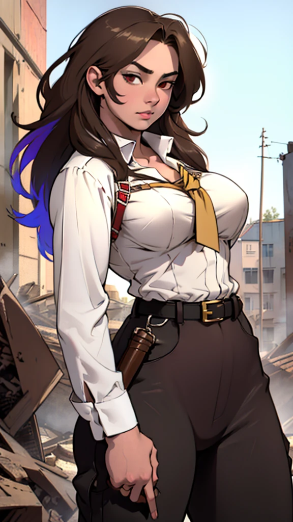 high detailed, anime woman, a 25 yo's busty woman, bicolor hair, 2 toned Brown hair, militar clothes, gorgeous chunky body,Beautiful Nose, militar shirt, bullet belt, militar pants, she is holding a gun in the hands, serious face, ready to shot pose, red eyes,
(masterpiece:1.0),(vibrant_color:1.2)
(Beautiful,large_Breasts:1.5), (beautiful_face:1.5),(plump_waist), background city in ruins