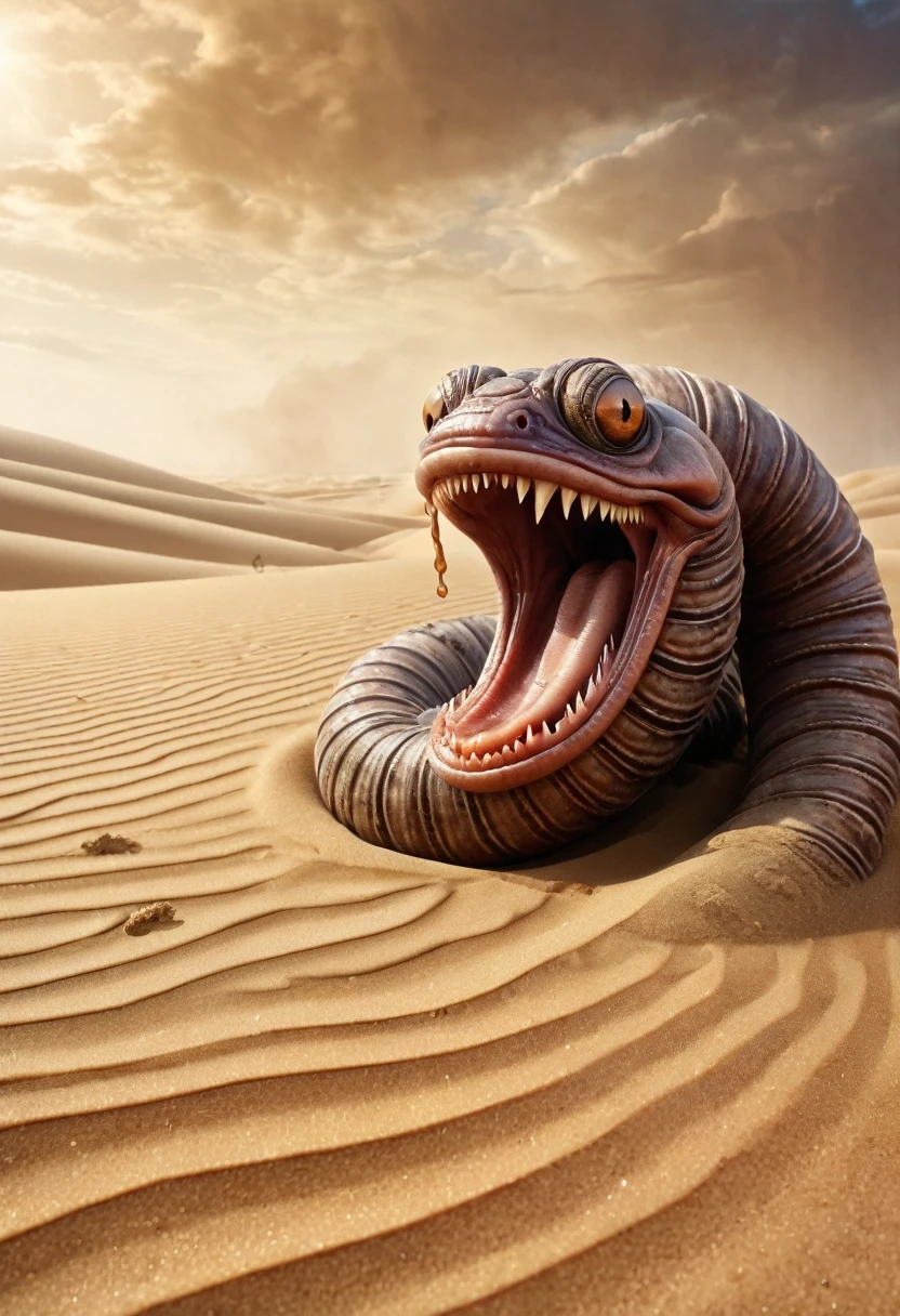 The evil biggest worm emerges from the sand, background Sandstorm, in the desert. perfect anatomy, masterpiece, best quality, 16k, beautiful detailed sandstorm, daydreaming expression.