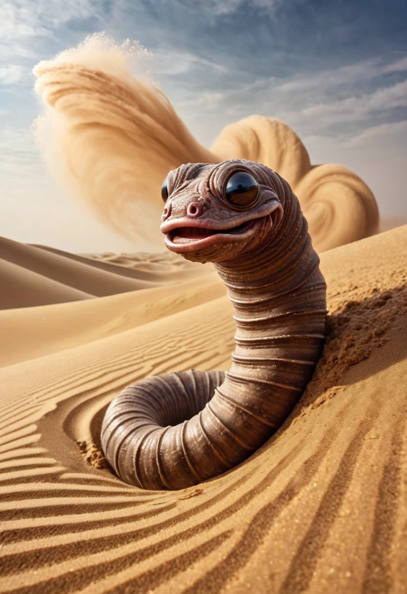 The evil biggest worm emerges from the sand, background Sandstorm, in the desert. perfect anatomy, masterpiece, best quality, 16k, beautiful detailed sandstorm, daydreaming expression.
