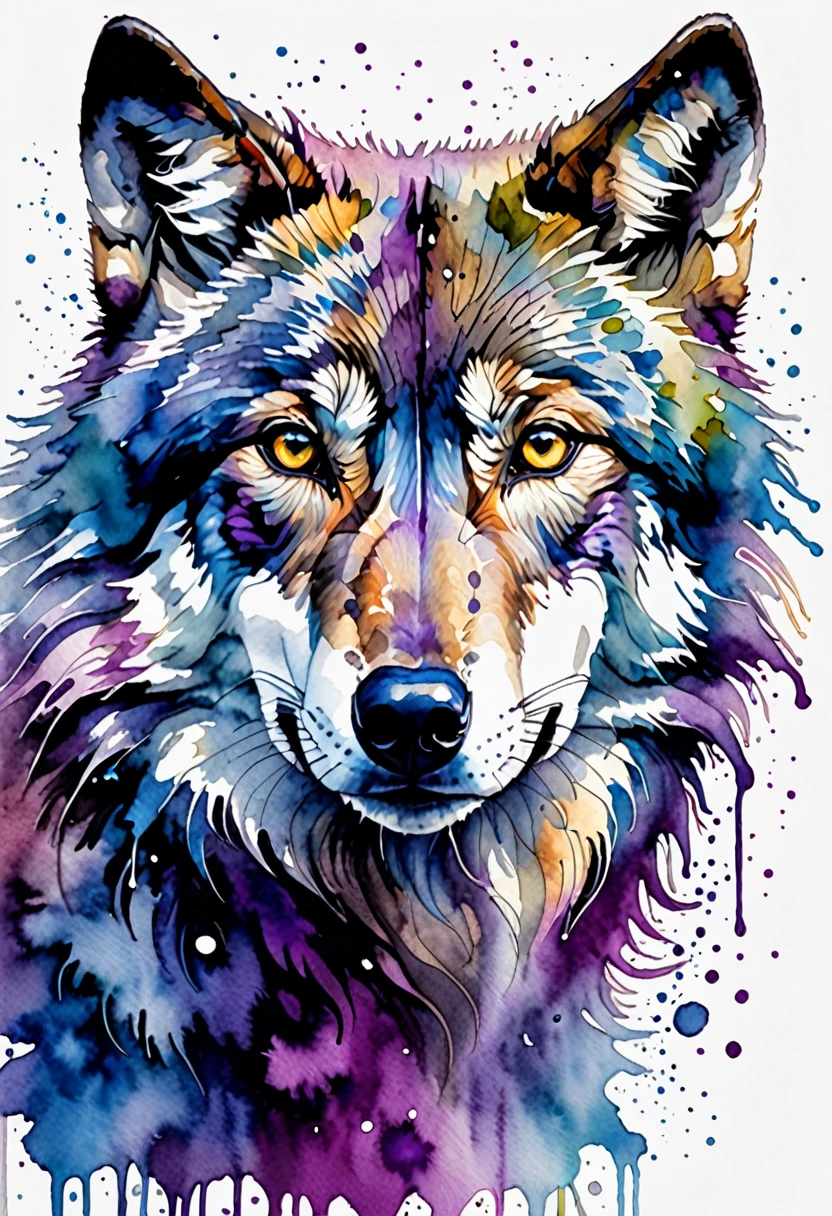 Animals painted in watercolor with vivid and expressive colors, a wolf in blue and purple tones on a white background. The wolf is painted with fluid and soft details, capturing its majestic and mysterious essence. Blue and purple tones blend harmoniously, creating a rich and vibrant palette. The wolf has an intense and enigmatic expression, with its eyes shining in contrast to the colors of its fur. The white background highlights the bright colors, making the wolf stand out with strength and elegance. This design combines the beauty of nature with the artistic creativity of watercolor, resulting in a visually striking and attractive image., Realism, Hyperrealism, UHD, masterpiece, accurate, anatomically correct, textured skin, super detail, award winning, 16k
