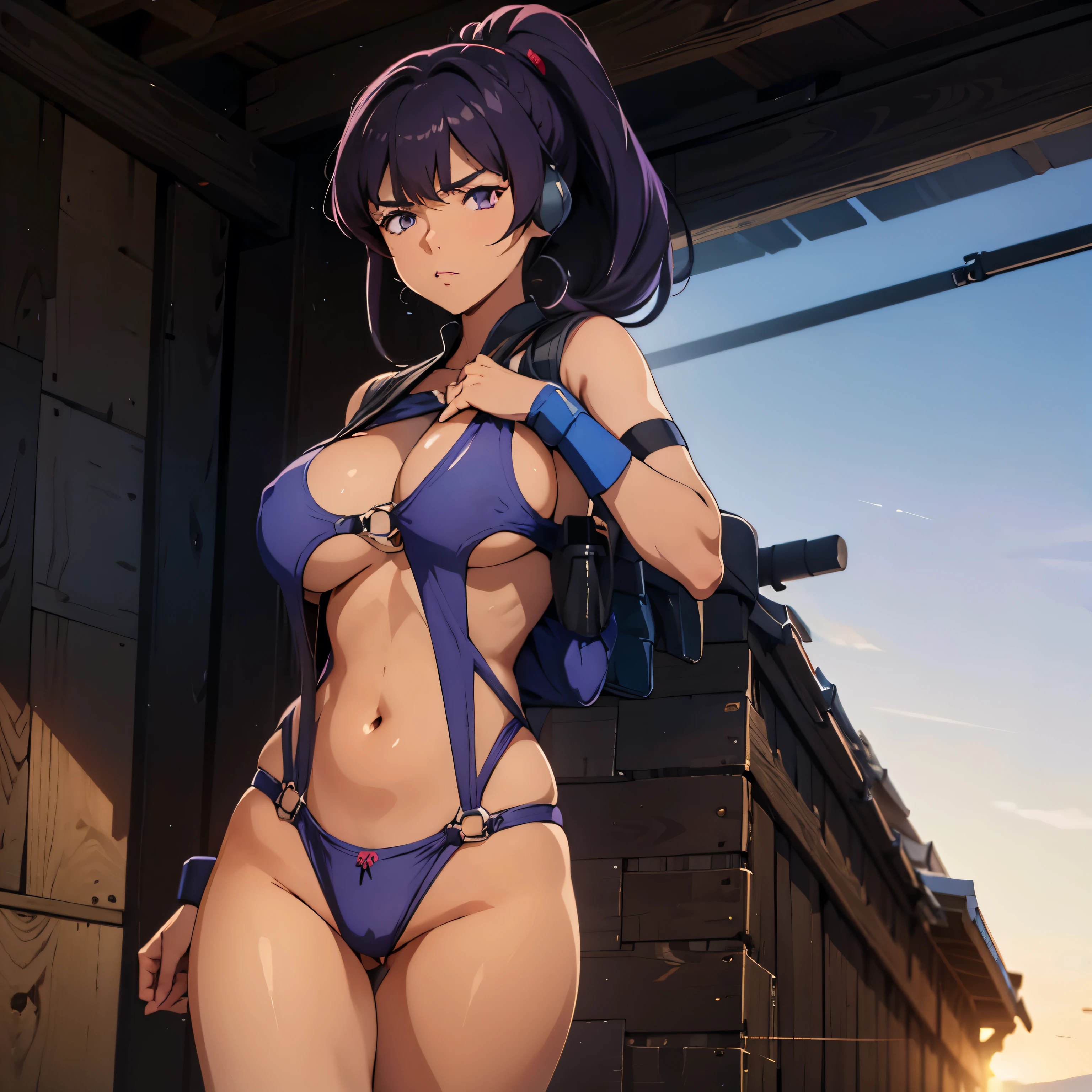 Imperial Guard Combat Uniform Swimsuit, o-ring bikini, v gundam, swimsuit, absurdres, highres, solo, cowboy shot, 1girl, neneka nibrou \(cosplay\), wristband, headphone, holster, backpack, holding gun, aiming, perfect hands, wind, (highres,best_quality,masterpiece), large breast, huge breast, dark skin, pony tail, purple hair, purple eyes