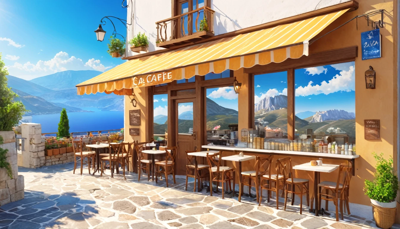 masterpiece, Highest quality, Super detailed, Mountain Cafe, scenery, over the counter, Greece, cloud, Outdoor, null, street,building, Realistic
