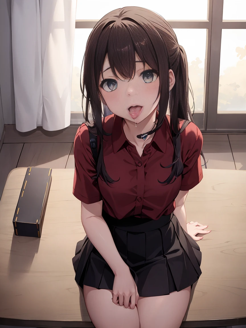 best quality, (on the table:1.2), Very detailed,indoors, Rin Harusaka,1 girl in, alone, looking at the audience, from the front, Keep your mouth shut, long hair, brown hair, blue eyes,Red shirt, mini skirt, black skirt, black company,(skirt lift:1.3), (White:1.3)、(Rolled up skirt:1.3)、(completely exposed:1.5), NSFW, erotic, porn, sex, mouth open, sticking out her tongue, giving a blowjob to a man, giving a blowjob, blowjob, penis inside her mouth, cock on her mouth, man view, pov view, cumming, cum falling of her mouth,