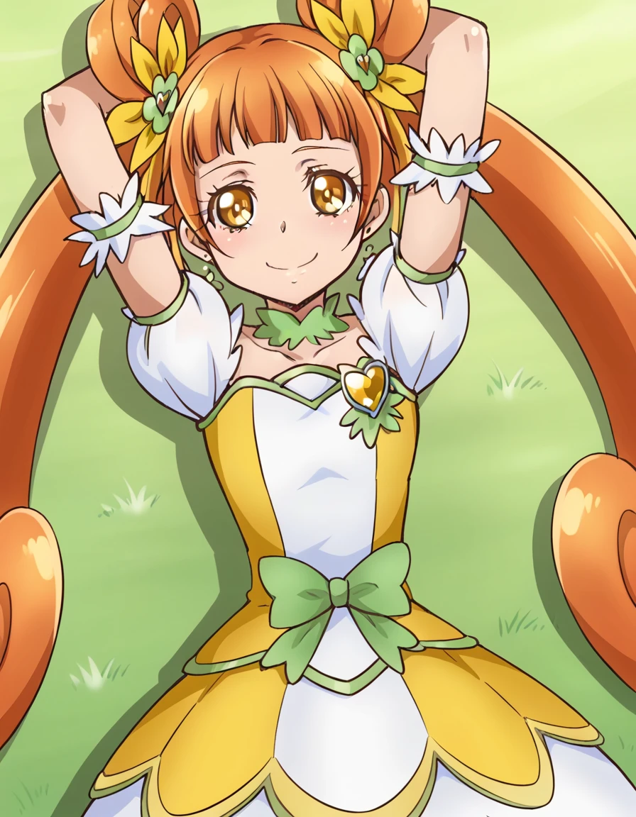 curerosetta, shiny skin, high quality, solo, lying, on back, arms up, spread arms, closed mouth, on grass, (cowboy shot:1.5), looking at viewer, nervous, smile, best quality,