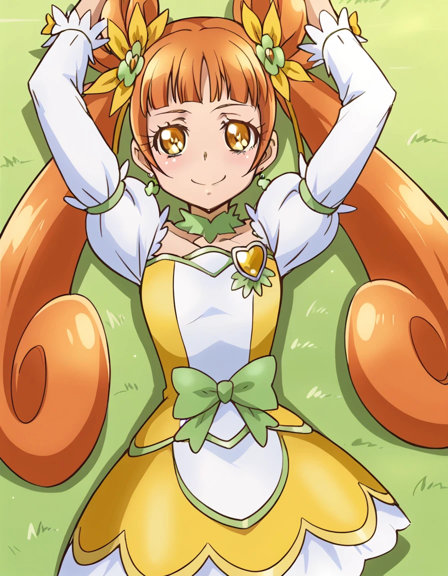 curerosetta, shiny skin, high quality, solo, lying, on back, arms up, spread arms, closed mouth, on grass, (cowboy shot:1.5), looking at viewer, nervous, smile, best quality,