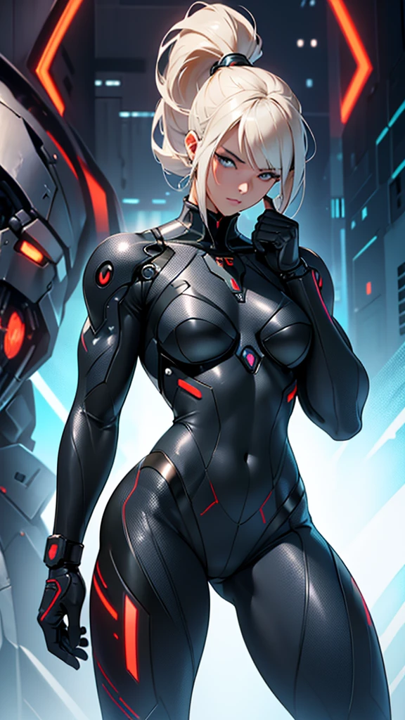 (((best quality, high detail))) Evil Girl (((muscular girl, massive breasts, thick toned open body, artificial arm shoulders))) pale skin, large dark nipples, white short hair, red eyes, thin waist, long press ((porno)) ((fulllength ar))